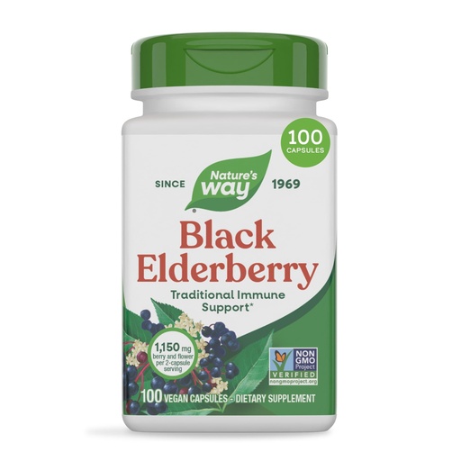 [BRSWIYQEDMGGKEQ5] Nature's Way Black Elderberry Capsules, Traditional Immune Support Supplement with Elderberry and Elderflower*, 1,150 mg per 2-Capsule Serving, Plant-Powered Vegan Capsules, 100 Count
