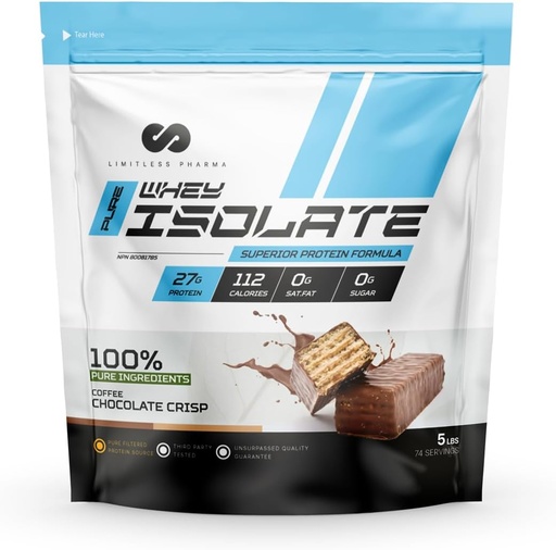 [BRSRAGD5AANQEELG] Limitless Pharma Pure Whey Isolate | High Protein Whey Isolate Protein Powder | 27g Protein, 6g BCAAs, Sugar Free, Gluten Free, Low Carb, Low Lactose | 74 Servings, 5LB (Coffee Chocolate Crisp)