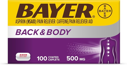 [BRSWIF37BZ6RM2TM] Bayer Back & Body Extra Strength Aspirin, 500mg Coated Tablets, Fast Relief at the Site of Pain, Pain Reliever with 32.5mg Caffeine, 100 Count