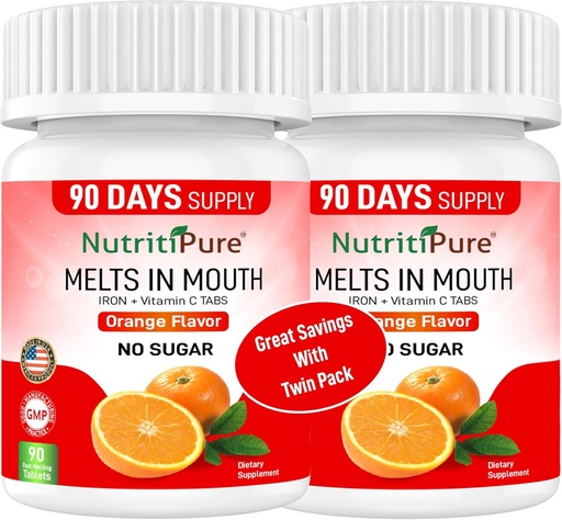 [BRSWGZQDOANGOYAZ] Chewable Iron Supplement for Women/Men | Carbonyl Iron 18 mg with Vitamin C 30 mg | Tablet in Orange Flavor 90 Count (2)
