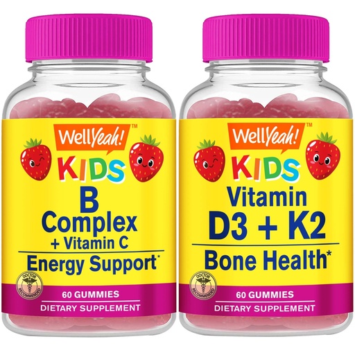 [BRSROAI5PIAWC3QU] WellYeah B Complex Kids + Vitamin D3+K2 Kids, Gummies Bundle - Great Tasting, Vitamin Supplement, Gluten Free, GMO Free, Chewable Gummy