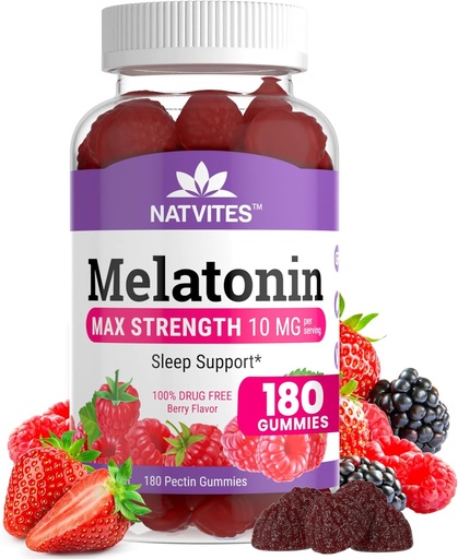 [BRSRO2QZCMPGECAY] Melatonin Gummies Max Strength 10mg Pectin Gummies, Ayuda con el soporte para dormir, Berry Flavor Gummy, 100% Drug Free, 180 Conde (Pack of 1)