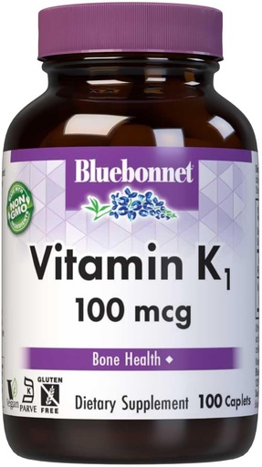 [BRSWIYQAO5YQKG36] Bluebonnet Vitamin K1 100 mcg Supports Bone Health - Phylloquinone Crystalline Vitamin K Supplement - Non-GMO, Kosher Certified, Gluten-Free, Dairy-Free - 100 Vegan Caplets