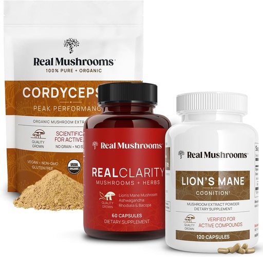 [BRSW2AD6CB5GM23J] Real Mushrooms RealClarity (60ct) & Lions Mane (120ct) Capsules w/Cordyceps Powder Bundle - Mushroom Supplement for Mental Clarity, Focus, Cognition, Energy & Vitality - Vegan, Non-GMO