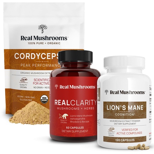 [BRSW2AD6CB5GM23J] Real Mushrooms RealClarity (60ct) & Lions Mane (120ct) Capsules w/Cordyceps Powder Bundle - Mushroom Supplement for Mental Clarity, Focus, Cognition, Energy & Vitality - Vegan, Non-GMO