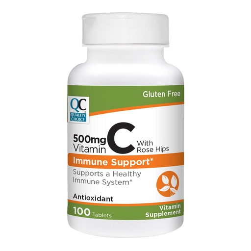 [BRSRMGT7CQMG2D33] Quality Choice 500 mg Vitamin C with Rose Hip Supplement Immune System Health Tablets 100 Count Bottles