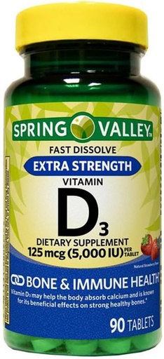 [BRSROAQZAAIAKE35] Extra Strength Vitamin D3 Fast Dissolve Tablets Dietary Supplement, 125 Mcg (5,000 IU), Strawberry Flavor, 90