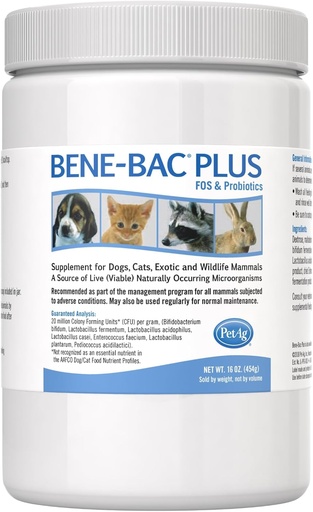 [BRSWIYIPA4PAGCLM] PetAg Bene-Bac Plus - 1 lb прах - FOS & Пробиотици за кучета, котки, екзотични и диви бозайници