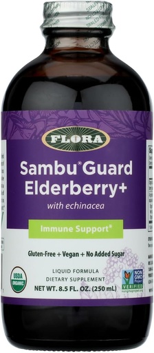 [BRSWYFAHCN5WMFDD] Flora Organic Black Belderberry Syrup + 8.5oz - Имунен бустер с ехинацея, за деца и възрастни, Без добавена захар, без глутен, Веган, SambuGuard