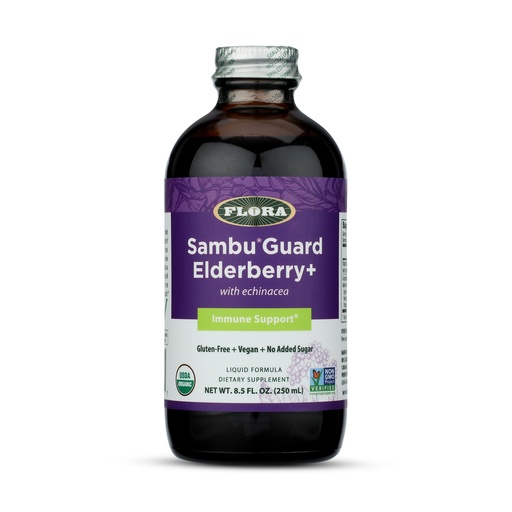 [BRSWYFAHCN5WMFDD] Flora SambuGuard Elderberry+ - Immune Support Supplement - Contains Black Elderberry, Echinacea & Licorice - Gluten-Free & Vegan - Contains No Added Sugar - 8.5 fl. oz. Glass Bottle