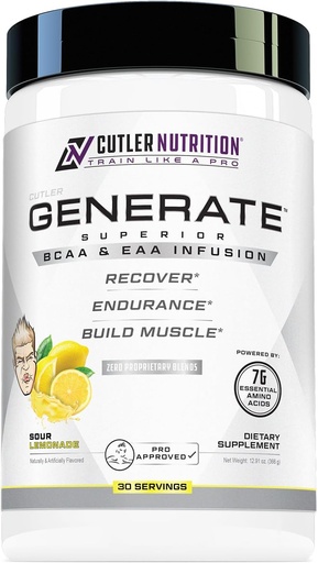 [BRSWYCQ7CEPQO3Y7] Cutler Nutrition Generate EAA and BCAA Powder: Best Branched Chain Amino Acids Supplement with Essential Amino Acids, 5g BCAAs, 2g EAAs for Lean Muscle Mass | Sour Lemonade, 30 Servings