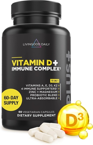 [BRSRMZLYDJ6WCYIZ] Livingood Daily Vitamin D + Immune Complex, Made with Vitamin D3 K2, Zinc, Magnesium, Vitamins E & A and Probiotics, Immune Support Supplement, Advanced Absorption, Gluten Free, Non GMO, 60 Capsules