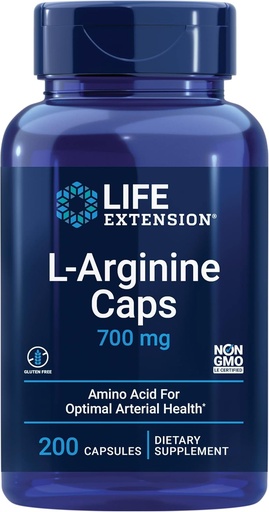 [BRSWIZATBQPQ2DDM] 生命延伸 L-Arginine Caps, 700 mg, 维生素C和氨基酸促进最佳动脉健康, 支持心脏和免疫健康, 健康组织与骨骼, Gluten Free, 非GMO, 200 Capsules