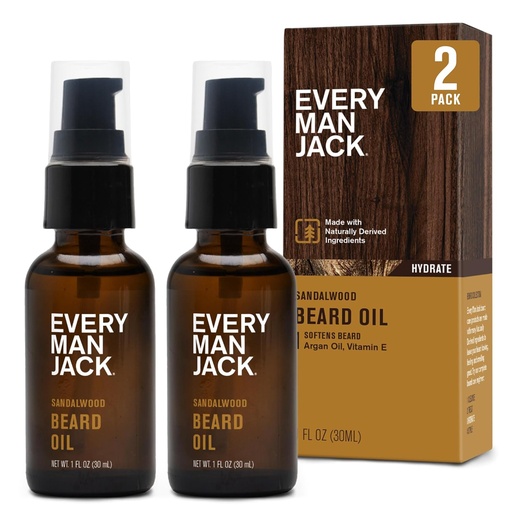 [BRSW2HAQCIOQK2TB] Every Man Jack Sandalwood Beard Oil - Moisturize & Soften Your Beard - Relieve Itch and Flakes - Made w/Naturally Derived Ingredients like Vitamin E, Argan Oil, and Borage Oil - 1 oz - 2 Pack