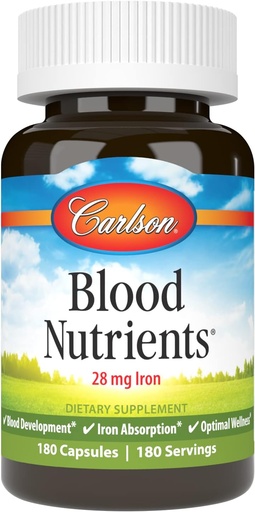 [BRSWIYILCUABADLM] Carlson - Nutrientes sanguíneos, 28 mg Ferro, Desenvolvimento de Sangue, Absorção de Ferro e Bem-Estar Optimal, 180 Cápsulas