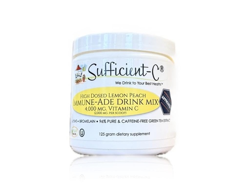 [BRSWIGQIBYOREADE] Sufficient-C High Dose Non-GMO Vitamin C Lemon Peach Immune-Ade Drink Mix, Convenient 125 Gram Size w/L-lysine, Bromelain & a Premium 96% Pure Green Tea Extract - Stomach Friendly, Adrenal Supportive