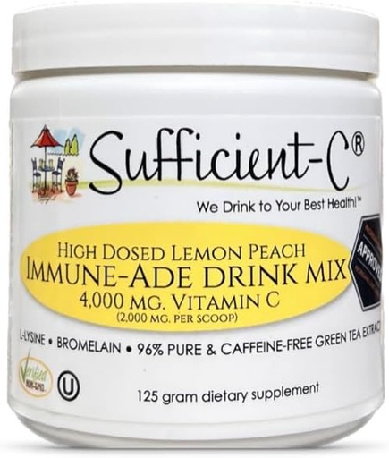 [BRSWIGQIBYOREADE] Sufficient-C High Dose Non-GMO Vitamin C Lemon Peach Immune-Ade Drink Mix, Convenient 125 Gram Size w/L-lysine, Bromelain & a Premium 96% Pure Green Tea Extract - Stomach Friendly, Adrenal Supportive
