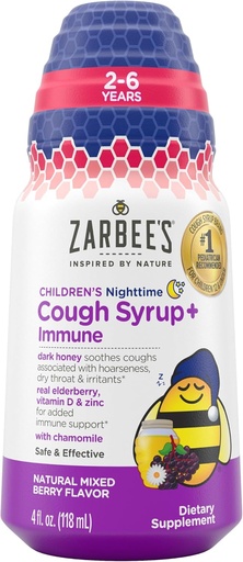 [BRSW2CDQCUIA2A3D] Con của Zarbee's Nighttime Honey Cough + Immune for Children 2+, Cough Syp with Soothing Dark Honey, Real Elderberry, & Zirc, & Chamomile, ma túy, berry, 4 oz.