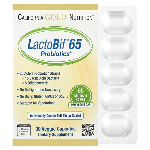 [BRSW2H3QA4HAEADB] LactoBif Probiotics, 65 Bllion CFU, 20 Active & Clinically Researched Probiotic Strains, Soy-Free, Sugar-Free, Vegetarian, Individually Double-foil Blister Sealed, 30 Veggie Capsules