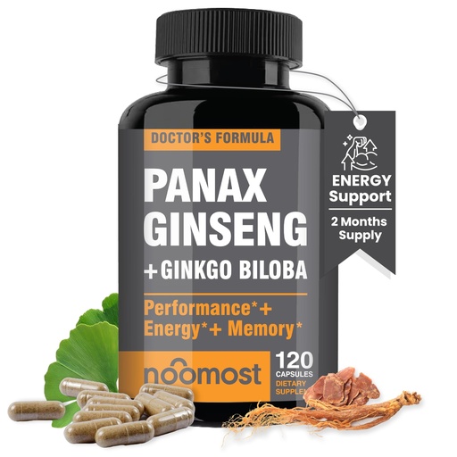 [BRSWGAYKBB5GCYLZ] NooMost Authentic Korean Red Panax Ginseng + Ginkgo Biloba, 120 Vegan Capsules, Ginseng Root Extract Powder 1000mg (10% Ginsenosides) + Gingko Biloba 60mg, Energy and Focus Pills for Men and Women