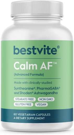 [BRSRA234OZ6AA3LF] Calma AF (Fórmula avanzada) (60 Veggie Caps) - Clínicamente Studied Shoden Ashwagandha, Suntheanine L Theanine, PharmaGABA - No Stearates - Vegan - No GMO - Gluten Gratis - Ashwagandha & GABA Suplementos