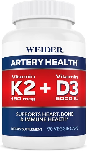 [BRSRAGL2DF7QYFIZ] Weider Artery Helse Supplement, vitamin K2 (180mcg) & vitamin D3 (5000iu), 90 Veggie Kapsler