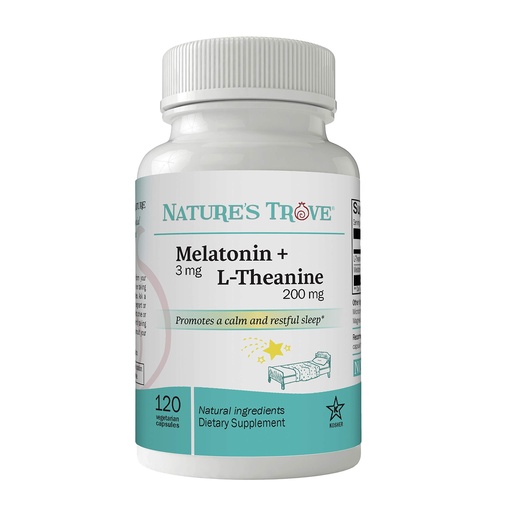 [BRSWGBTQPIFRAHLK] Nature's Trove Melatonin 3mg + L Theanine 200mg – Calm and Relaxation – 120 Kosher Vegetarian Capsules