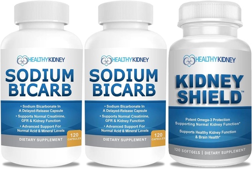 [BRSRAAD6BYAW22A4] Sodium Bicarbonate 650mg Capsules for Acid Relief, Alkalinity 120 Pills 2-Pack + Kidney Shield 120 Caps Kidney Supplement to Support Normal Kidney Function