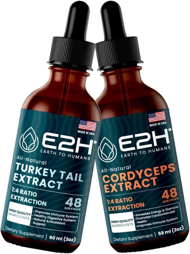 [BRSROZI3CQHQYC3H] E2H: Estratto di Tail & Cordyceps Turchia - Supporto immunitario, Focus, Memoria, Clarity - Non OGM, Vegan - 2 Fl Oz Ogni (4 Fl Oz Totale) - Bundle