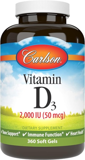 [BRSWECQ2BYHQEE3U] Carlson - Vitamin D3, 2000 IU (50 mcg), Bone Health, Muscle Health, Cholecalciferol, Vitamin D Supplements, Vitamin D3 Soft Gels, 360 Softgels