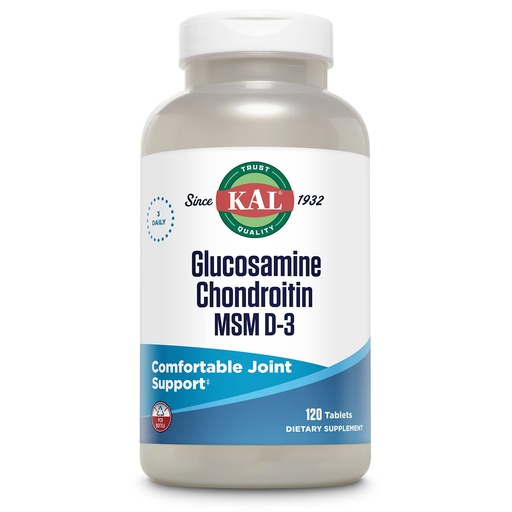 [BRSWI2QEC4HR62DY] KAL Glucosamine Chondroitin MSM D-3, Joint Support Supplement, 1,500 mg of Glucosamine Sulfate, 1,200 mg of Chondroitin Sulfate, 1,000 mg of MSM, Plus Vitamin D3 & Vitamin C, 40 Servings, 120 Tablets