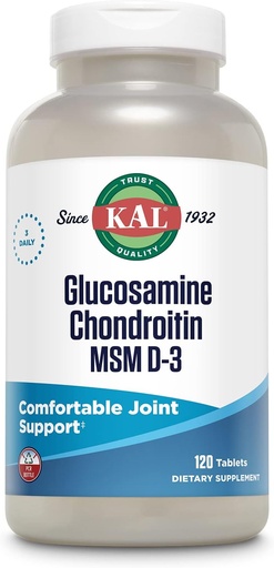 [BRSWI2QEC4HR62DY] KAL Glucosamine Chondroitin MSM D-3, Joint Support Supplement, 1,500 mg of Glucosamine Sulfate, 1,200 mg of Chondroitin Sulfate, 1,000 mg of MSM, Plus Vitamin D3 & Vitamin C, 40 Servings, 120 Tablets