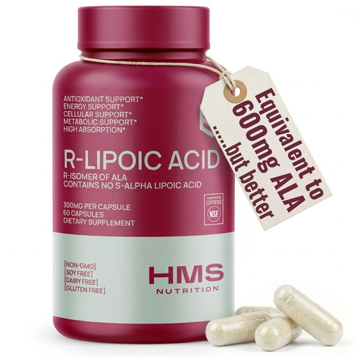 [BRSRAFD3PIARYC36] HMS Nutrition Stabilized R-Lipoic Acid 300 mg per Serving — Pure R Alpha Lipoic Acid (R-ALA) High Potency Active R Isomer Antioxidant Nerve & Metabolism Support — NSF Certified Non-GMO Vegan 60Capsule
