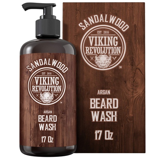 [BRSWGCYFDMIBMF3P] Viking Revolution Beard Wash Shampoo w/Argan & Jojoba Oils - Softens & Strengthens - Sandalwood Scent - 17 oz Shampoo