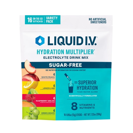 [BRSROAIYCQJQIG3V] Liquid I.V.® Hydration Multiplier Sugar-Free Variety Pack - Raspberry Melon, Lemon Lime, White Peach, Green Grape | Electrolyte Powder Drink Mix | 1 Pack (16 Servings)