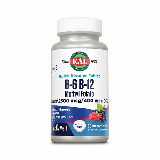 [BRSWECQNBUIG22QU] KAL Vitamin B-6 B-12 Methyl Folate ActivMelt, Vitamin B Supplement, Heart Health, Energy and Red Blood Cell Support with Methyl B12 and DFE Folic Acid, Natural Berry Flavor, 60 Servings, 60 Micro Tabs