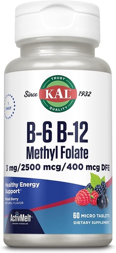 [BRSWECQNBUIG22QU] KAL vitamín B-6 B-12 metylfolát ActivMelt, vitamín B doplnok, zdravie srdca, energie a červené krvinky podpora s metyl B12 a DFE kyseliny listovej, prírodné Berry Flavor, 60 Servings, 60 Micro Tabs