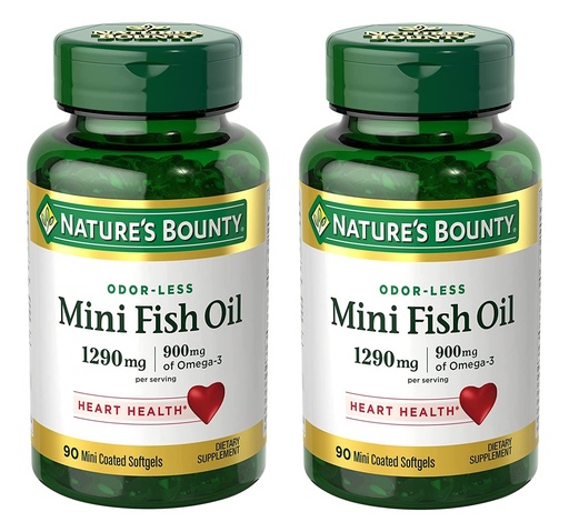 [BRSROZD2DMFWGALA] Nature's Bounty Mini Fish Oil Softgels 1290 mg, Omega-3, Supports Heart Health, Odor-Less, 90 Mini Coated Softgels - Pack of 2