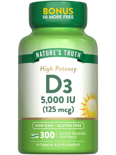[BRSWGCT4AV5AYHTK] Nature's Truth Vitamin D3 5000 IU (125 mcg) | 300 Softgels | High Potency Vitamin D | Non-GMO and Gluten Free Supplement