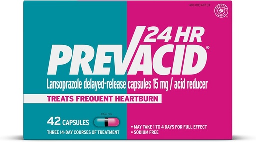 [BRSWIYAKCUOAKDTO] Prevacid 24HR Lansoprazole Delayed-Release kapsulak, 15 mg/Acid Reducer, Proton Pump Inhibitor (PPI) Heartburn Relief-rako, 42 kondea