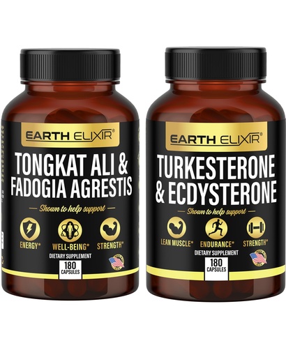 [BRSRMAAQBYPWYC36] Earth Elixir Fadogia Agrestis 600mg and Tongkat Ali 500mg + Turkesterone1000mg and Ecdysterone 1000mg Supplments (180 Capsules) Bundle