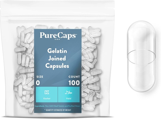 [BRSW2ZLYBAMGKFYZ] PureCapsUSA - Empty Gelatin Pill Capsules Size 0| 100 Joined Pills| Clear| Non-GMO Certified| SLS, Gluten, Preservative Free