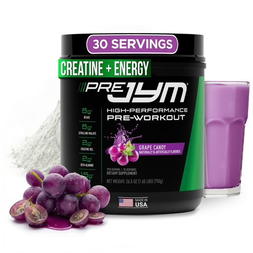 [BRSWYCA5OEJQMHY7] JYM Supplement Science Pre JYM Grape Candy Pre Workout Powder for Men & Women, BCAAs, Nootropics, Creatine HCI, Citrulline, Beta-Alanine, Betaine, Taurine, Huperzine, 30 Servings