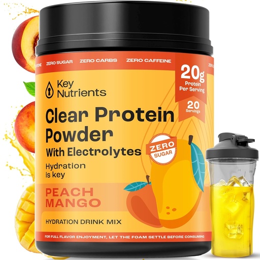 [BRSROBL7B4ARY3A6] KEY NUTRIENTS Multivitamin Electrolytes Powder No Sugar - Peach Mango Electrolyte Powder - Endurance & Energy Supplement - Hydration Powder - No Calories - 20 Servings - (Peach Mango + Protein Powder)