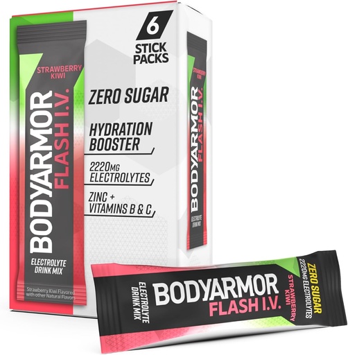 [BRSROGAKCMNGOF36] BODYARMOR Flash IV Electrolyte Packets, Strawberry Kiwi - Zero Sugar Drink Mix, Single Serve Packs, Coconut Water Powder (6 Count)