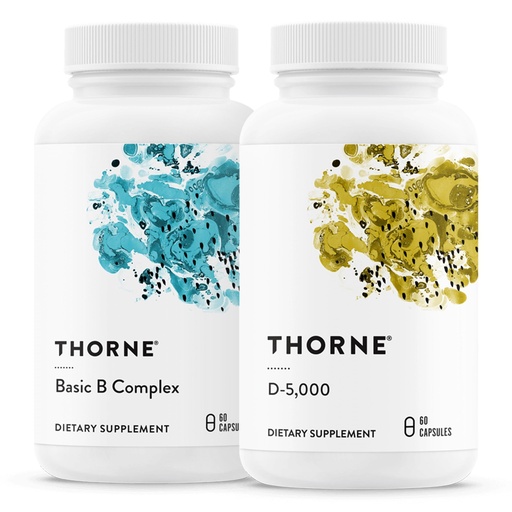 [BRSRAFAPOINQIAA2] THORNE - Basic B Complex (60 Capsules) & Vitamin D-5000 (60 Capsules) Bundle - Supports Cellular Energy Production, Brain Health & Healthy Bones - Gluten, Dairy & Soy-Free