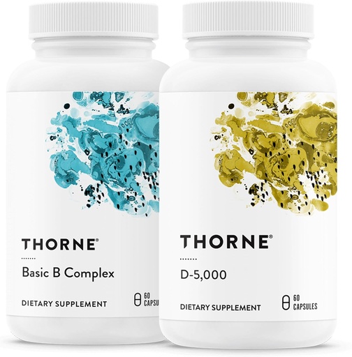 [BRSRAFAPOINQIAA2] THORNE - Basic B Complex (60 Capsules) & Vitamin D-5000 (60 Capsules) Bundle - Supports Cellular Energy Production, Brain Health & Healthy Bones - Gluten, Dairy & Soy-Free
