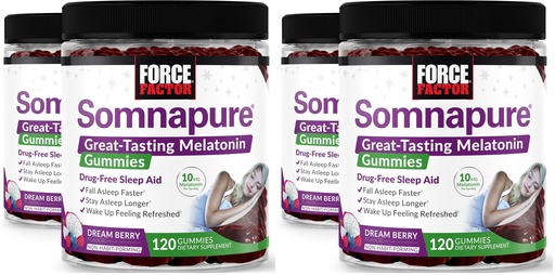 [BRSROBL6OECBED3U] Force Factor Somnapure Gummies with Melatonin, Drug-Free Sleep Support Supplement for Adults with Occasional Sleeplessness, Dream Berry Flavor, 120 Count (Pack of 4)