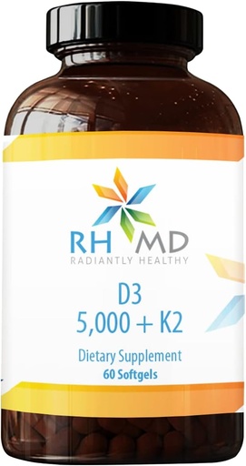 [BRSW2GT6CAGR4FDK] RHMD D3 5,000 + K2 Dietary Supplements (60 Softgels)