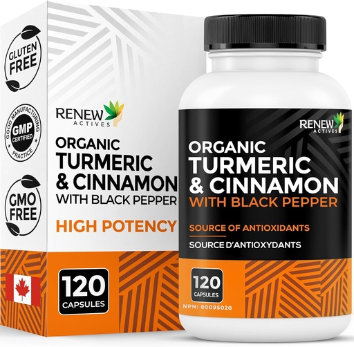 [BRSWGFQOBEIA4HTF] Renew Actives Organic Turmeric 474MG & Cinnamon 50MG per 2 Capsules – with Curcumin & BioPerine for Absorption – Supports Metabolism, Joint Health & Digestion – Made in Canada – 120 Capsules